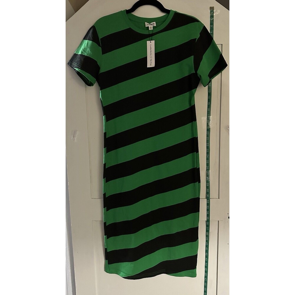 🖤Cynthia Rowley x The Drop Women Green Black Stripe T-shirt Dress Sz XS